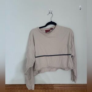 Beige/Nude Ribbed crop top with navy and yellow stripe.